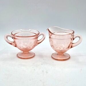Vintage Pink  Depression Glass Floral Etched  Sugar Bowl and Creamer Set  2pcs